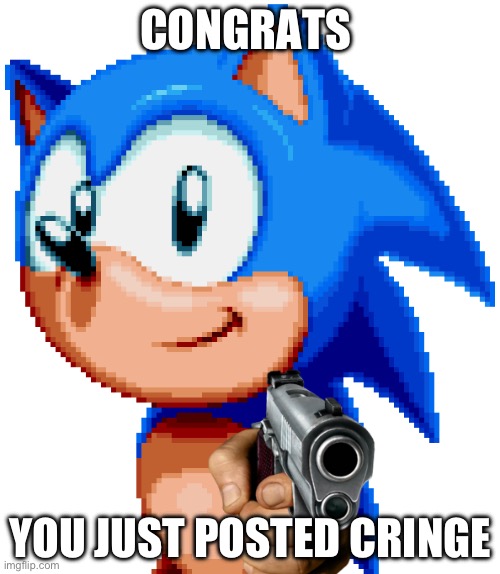 Congrats you posted cringe | CONGRATS; YOU JUST POSTED CRINGE | image tagged in sonic with a gun | made w/ Imgflip meme maker