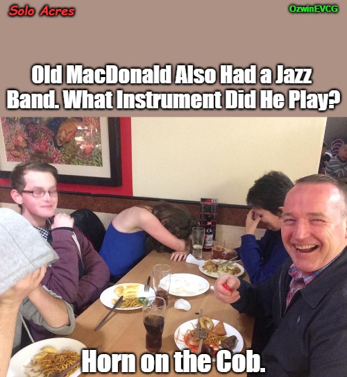 Solo Acres | OzwinEVCG; Solo Acres; Old MacDonald Also Had a Jazz 

Band. What Instrument Did He Play? Horn on the Cob. | image tagged in dad joke meme,old macdonald,fun memes,jazz,silly,bands | made w/ Imgflip meme maker