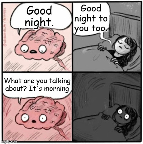 The scariest things | Good night to you too. Good night. What are you talking about? It's morning | image tagged in brain before sleep,brain,waking up,scary,phobia | made w/ Imgflip meme maker