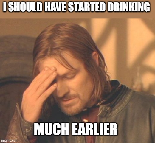 Frustrated Boromir | I SHOULD HAVE STARTED DRINKING; MUCH EARLIER | image tagged in memes,frustrated boromir | made w/ Imgflip meme maker