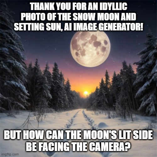 The Sun Always Shines on the Dark Side of the Moon (?) | THANK YOU FOR AN IDYLLIC PHOTO OF THE SNOW MOON AND SETTING SUN, AI IMAGE GENERATOR! BUT HOW CAN THE MOON'S LIT SIDE
BE FACING THE CAMERA? | image tagged in moon,lunar,sun,sunshine | made w/ Imgflip meme maker