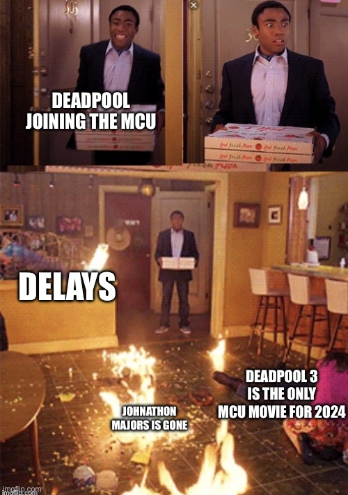 Considering how meta Deadpool is, I wouldn’t be shocked if there is a scene like this. | DEADPOOL JOINING THE MCU; DELAYS; DEADPOOL 3 IS THE ONLY MCU MOVIE FOR 2024; JOHNATHAN MAJORS IS GONE | image tagged in surprised pizza delivery,marvel,deadpool | made w/ Imgflip meme maker
