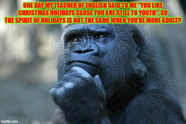 holidays | ONE DAY MY TEACHER OF ENGLISH SAID TO ME "YOU LIKE CHRISTMAS HOLIDAYS CAUSE YOU ARE STILL TO YOUTH". SO THE SPIRIT OF HOLIDAYS IS NOT THE SAME WHEN YOU'RE MORE ADULT? | image tagged in deep thoughts | made w/ Imgflip meme maker