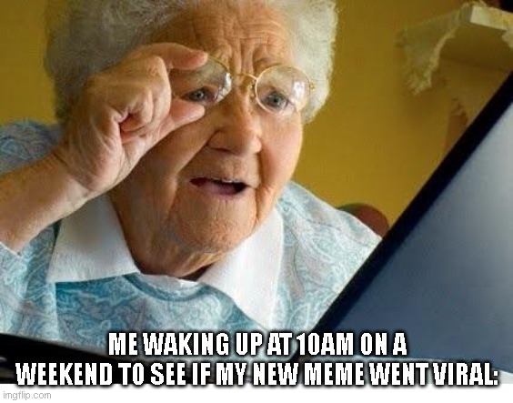 Did it go viral? | ME WAKING UP AT 10AM ON A WEEKEND TO SEE IF MY NEW MEME WENT VIRAL: | image tagged in old lady at computer,me | made w/ Imgflip meme maker