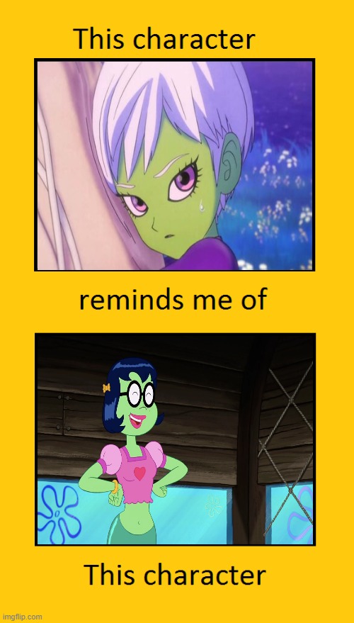 cheelai reminds me of mindy | image tagged in this character reminds me of this character,spongebob,dragon ball super,anime,princess | made w/ Imgflip meme maker