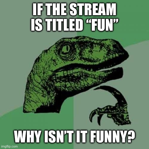 Real shit | IF THE STREAM IS TITLED “FUN”; WHY ISN’T IT FUNNY? | image tagged in memes,philosoraptor | made w/ Imgflip meme maker