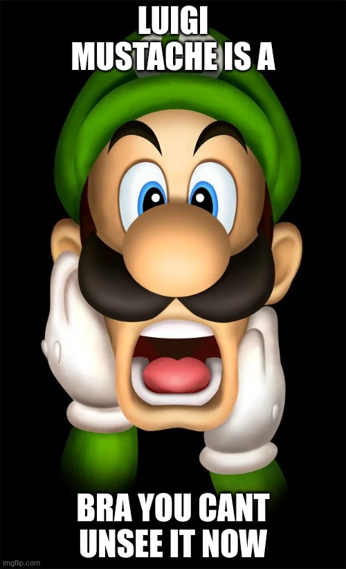 bruh | LUIGI MUSTACHE IS A; BRA YOU CANT UNSEE IT NOW | image tagged in weegee,luigi | made w/ Imgflip meme maker