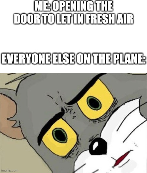 Just to feel a nice breeze | ME: OPENING THE DOOR TO LET IN FRESH AIR; EVERYONE ELSE ON THE PLANE: | image tagged in unsettled tom,funny meme,memes,fun | made w/ Imgflip meme maker