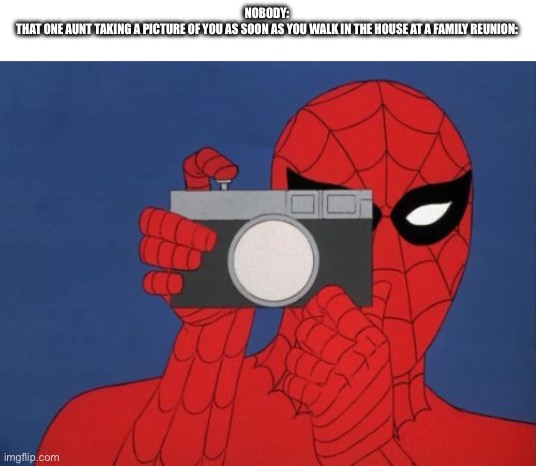 Real | NOBODY:

THAT ONE AUNT TAKING A PICTURE OF YOU AS SOON AS YOU WALK IN THE HOUSE AT A FAMILY REUNION: | image tagged in memes,spiderman camera,spiderman | made w/ Imgflip meme maker