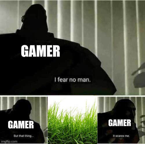 gamer be like | GAMER; GAMER; GAMER | image tagged in i fear no man,grass,gamers | made w/ Imgflip meme maker
