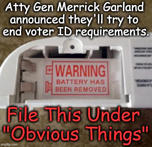 Exactly 'How Stupid' Do They Think We Are? | Atty Gen Merrick Garland 
announced they'll try to 
end voter ID requirements. File This Under 
"Obvious Things" | image tagged in political humor,attorney general,voters,dumb people,voter id,voter fraud | made w/ Imgflip meme maker
