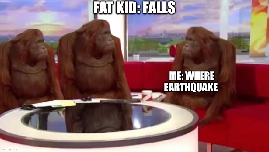 Yes | FAT KID: FALLS; ME: WHERE EARTHQUAKE | image tagged in where monkey,fun,memes,fat | made w/ Imgflip meme maker