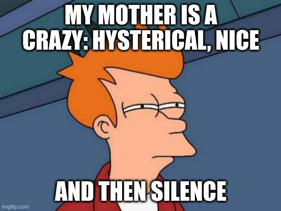silence | MY MOTHER IS A CRAZY: HYSTERICAL, NICE; AND THEN SILENCE | image tagged in memes,futurama fry | made w/ Imgflip meme maker