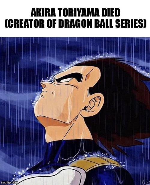 I knew this day would come… (The cartel will have a sad month) | AKIRA TORIYAMA DIED (CREATOR OF DRAGON BALL SERIES) | image tagged in vegeta in the rain,akira toriyama,dragon ball super,dragon ball z,front page plz | made w/ Imgflip meme maker