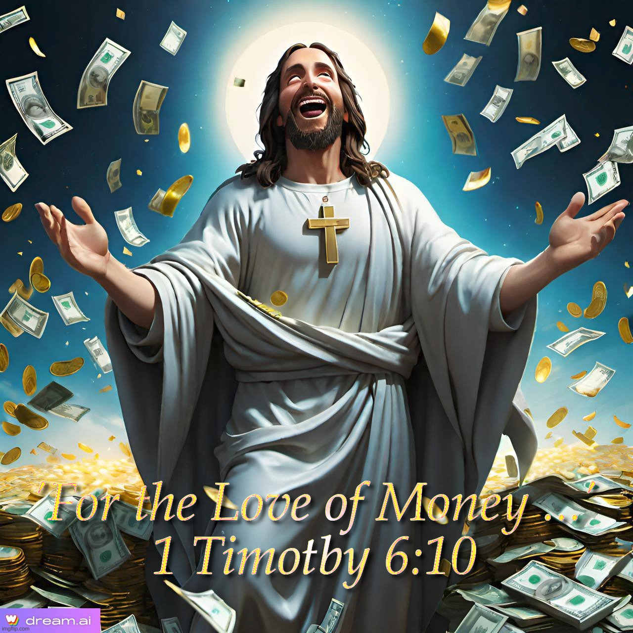 'For the Love of Money ...' 1 Timothy 6:10 | image tagged in jesus,christ,money,love,bible,quote | made w/ Imgflip meme maker