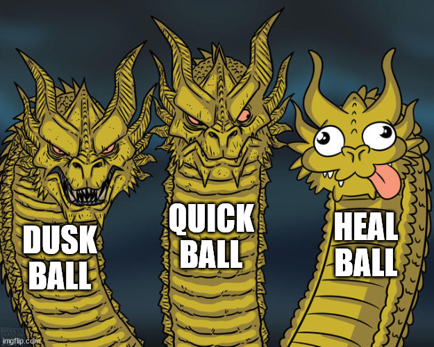 if you know, you know | QUICK BALL; HEAL BALL; DUSK BALL | image tagged in three-headed dragon,pokemon | made w/ Imgflip meme maker