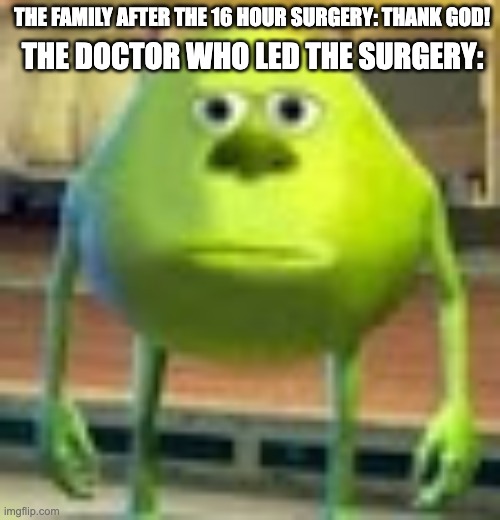 What about me? | THE FAMILY AFTER THE 16 HOUR SURGERY: THANK GOD! THE DOCTOR WHO LED THE SURGERY: | image tagged in sully wazowski,memes,doctor | made w/ Imgflip meme maker