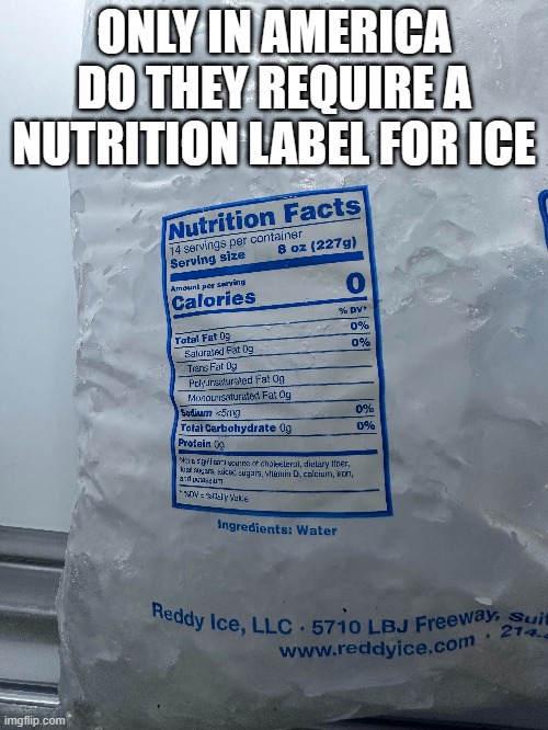 meme by Brad even ice has to have a nutrition label | ONLY IN AMERICA DO THEY REQUIRE A NUTRITION LABEL FOR ICE | image tagged in fun,funny,nutrition,ice,funny meme,humor | made w/ Imgflip meme maker