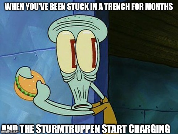 Ww1 meme | WHEN YOU'VE BEEN STUCK IN A TRENCH FOR MONTHS; AND THE STURMTRUPPEN START CHARGING | image tagged in oh shit squidward | made w/ Imgflip meme maker