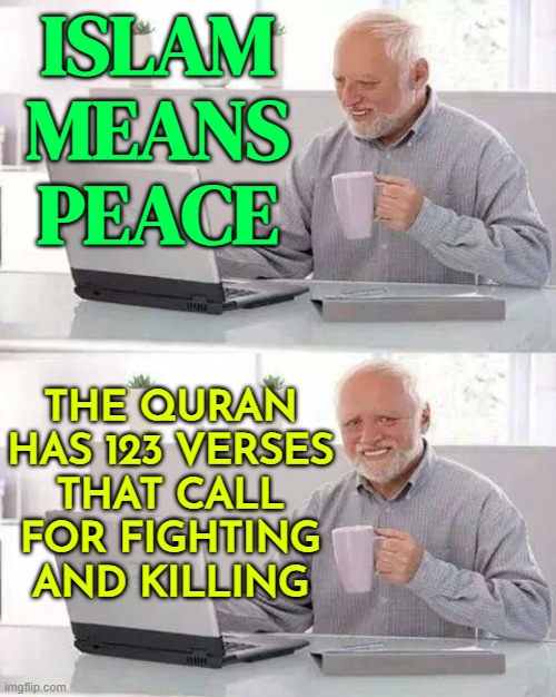 Quran Has 123 Verses That Call For Fighting | ISLAM
MEANS
PEACE; THE QURAN HAS 123 VERSES
THAT CALL FOR FIGHTING AND KILLING | image tagged in memes,hide the pain harold,quran,islam,islamophobia,anti-religion | made w/ Imgflip meme maker