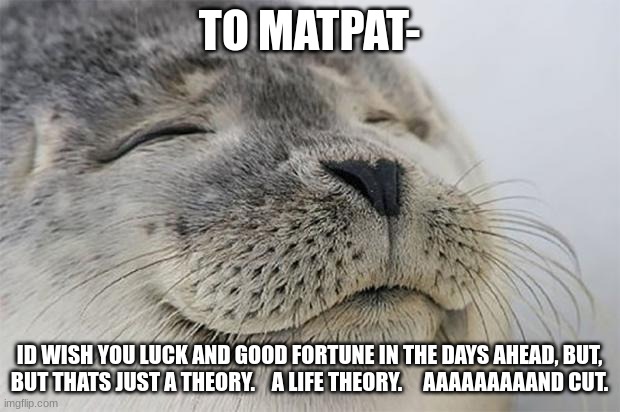 salute to the og theorist | TO MATPAT-; ID WISH YOU LUCK AND GOOD FORTUNE IN THE DAYS AHEAD, BUT,

BUT THATS JUST A THEORY.    A LIFE THEORY.     AAAAAAAAAND CUT. | image tagged in memes,satisfied seal,depression sadness hurt pain anxiety | made w/ Imgflip meme maker