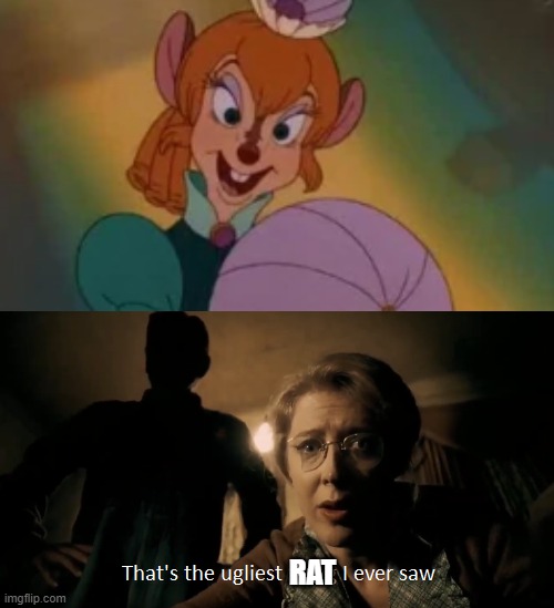 Oh God. looks like if Bugs Bunny,mickey mouse and Fiona had a ugly baby. (character is Bridget from American Tale 1986) | RAT | image tagged in funny,memes,cartoon,movie,cursed image,what the fu- | made w/ Imgflip meme maker