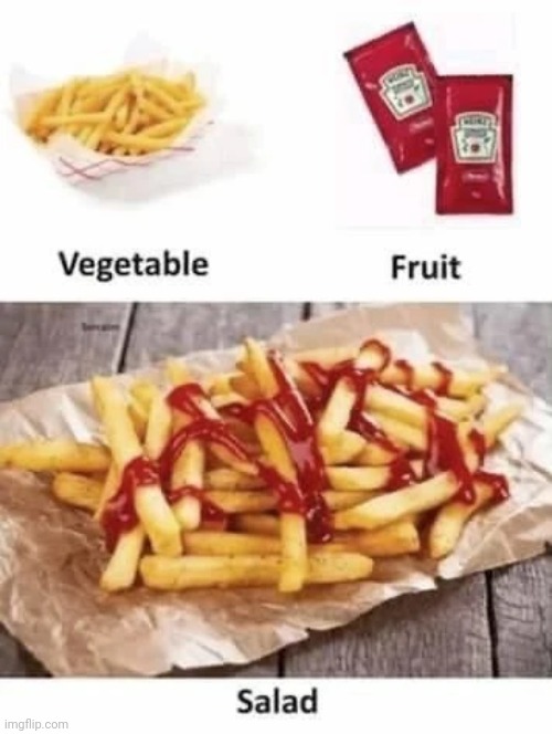 Ketchup and fries | image tagged in salad,ketchup,fries,memes,repost,reposts | made w/ Imgflip meme maker