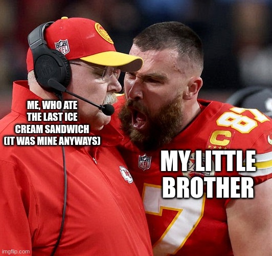 I Bought The Box, Leave Me Alone | ME, WHO ATE THE LAST ICE CREAM SANDWICH (IT WAS MINE ANYWAYS); MY LITTLE BROTHER | image tagged in travis kelce screaming | made w/ Imgflip meme maker