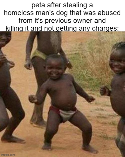 "ITS ANIMAL LIBERATION!!!!" (make the comments mocking peta) | peta after stealing a homeless man's dog that was abused from it's previous owner and killing it and not getting any charges: | image tagged in memes,third world success kid | made w/ Imgflip meme maker