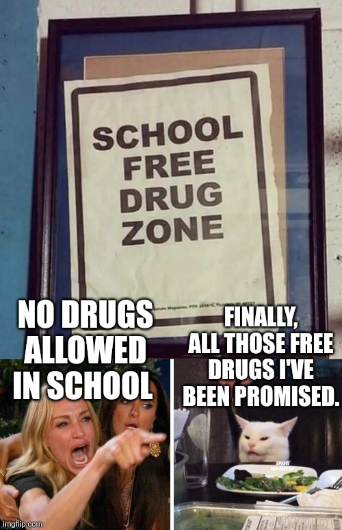FINALLY, ALL THOSE FREE DRUGS I'VE BEEN PROMISED. NO DRUGS ALLOWED IN SCHOOL | image tagged in smudge that darn cat with karen | made w/ Imgflip meme maker