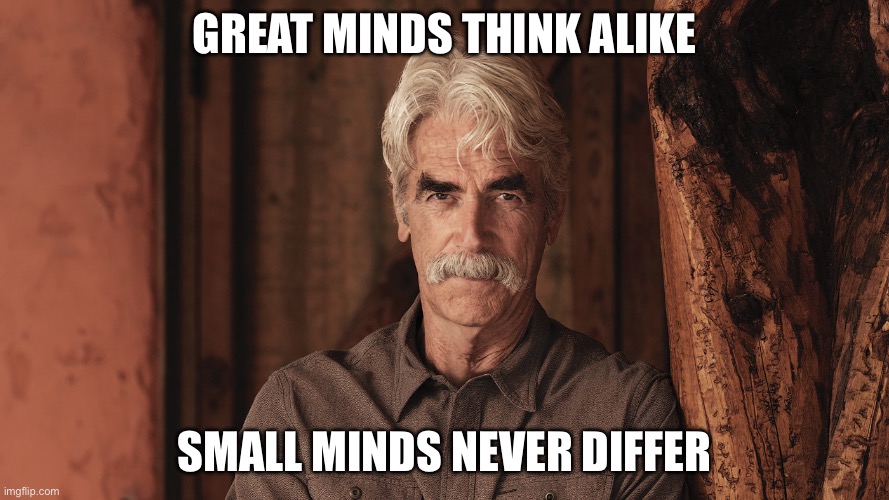 Great and small minds | GREAT MINDS THINK ALIKE; SMALL MINDS NEVER DIFFER | image tagged in sam elliott the ranch 2,great,think | made w/ Imgflip meme maker