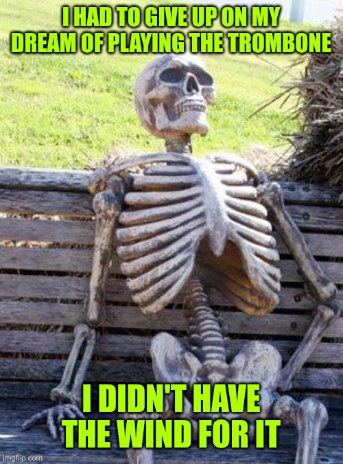 Waiting Skeleton | I HAD TO GIVE UP ON MY DREAM OF PLAYING THE TROMBONE; I DIDN'T HAVE THE WIND FOR IT | image tagged in memes,waiting skeleton | made w/ Imgflip meme maker