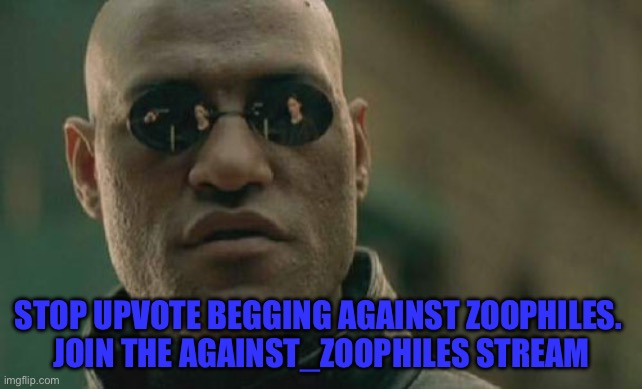 Matrix Morpheus Meme | STOP UPVOTE BEGGING AGAINST ZOOPHILES. 
JOIN THE AGAINST_ZOOPHILES STREAM | image tagged in memes,matrix morpheus | made w/ Imgflip meme maker