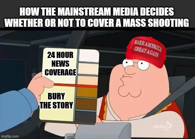 Mainstrstream media only cover crimes that help their narrative | HOW THE MAINSTREAM MEDIA DECIDES WHETHER OR NOT TO COVER A MASS SHOOTING; 24 HOUR NEWS COVERAGE; BURY THE STORY | image tagged in peter griffin skin color chart race terrorist blank,maga,trump,cnn,cnn fake news,msnbc | made w/ Imgflip meme maker