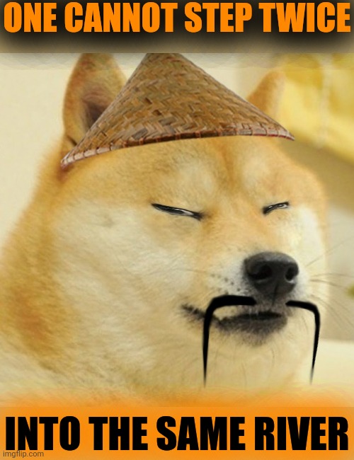 My favorite doge is Barkfucious | ONE CANNOT STEP TWICE; INTO THE SAME RIVER | image tagged in barkfucius asian doge barkfucious | made w/ Imgflip meme maker