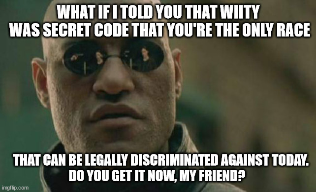 Oh how the tables have turned. | WHAT IF I TOLD YOU THAT WIITY
 WAS SECRET CODE THAT YOU'RE THE ONLY RACE; THAT CAN BE LEGALLY DISCRIMINATED AGAINST TODAY.
DO YOU GET IT NOW, MY FRIEND? | image tagged in memes,matrix morpheus | made w/ Imgflip meme maker