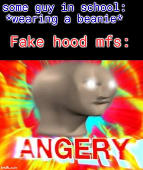 "WHO DO U THINK U ARE WEARING A BEANIE U AINT GANGSTER" Shut the hell up bro its just fashion.. Kids nowadays... | some guy in school: *wearing a beanie*; Fake hood mfs: | image tagged in surreal angery,fun,funny,memes,school,fashion | made w/ Imgflip meme maker