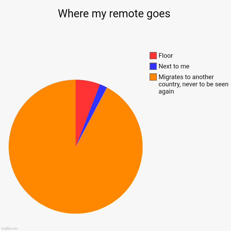 Where my remote goes | Migrates to another country, never to be seen again, Next to me, Floor | image tagged in charts,pie charts,demotivationals,gifs,funny,cats | made w/ Imgflip chart maker