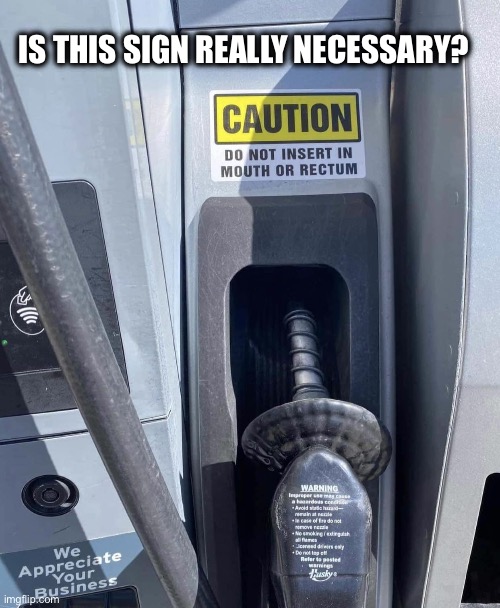 Good advise | IS THIS SIGN REALLY NECESSARY? | image tagged in gas pump sign,nozzle,gasoline,fuel,advise | made w/ Imgflip meme maker