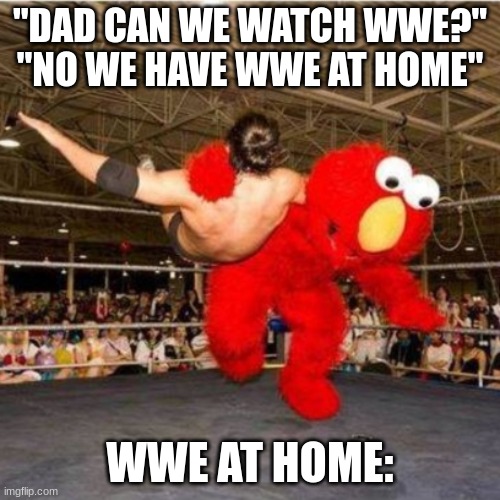 WWE Elmo | "DAD CAN WE WATCH WWE?" "NO WE HAVE WWE AT HOME"; WWE AT HOME: | image tagged in elmo wrestling | made w/ Imgflip meme maker