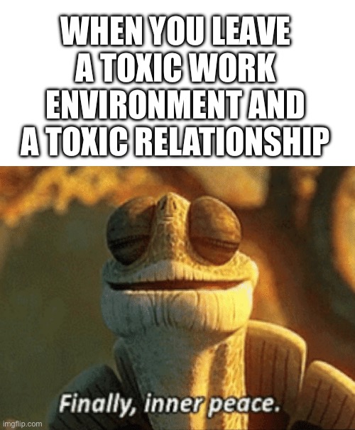 WHEN YOU LEAVE A TOXIC WORK ENVIRONMENT AND A TOXIC RELATIONSHIP | image tagged in blank white template,finally inner peace,toxic,relationship,work | made w/ Imgflip meme maker