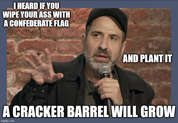 An actual Dave Attell joke. | I HEARD IF YOU WIPE YOUR ASS WITH A CONFEDERATE FLAG; AND PLANT IT; A CRACKER BARREL WILL GROW | image tagged in dave attell | made w/ Imgflip meme maker