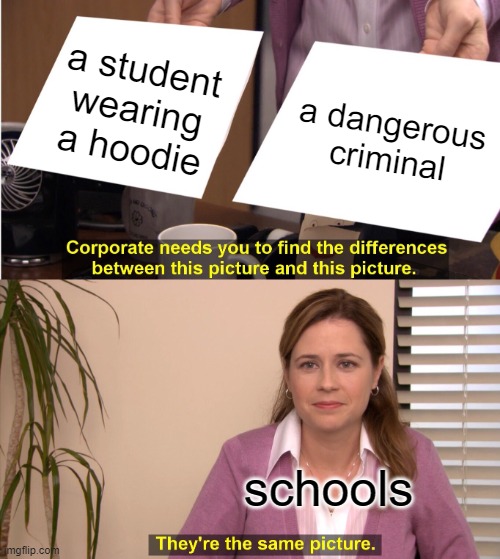 free Kornigou | a student wearing a hoodie; a dangerous criminal; schools | image tagged in memes,they're the same picture | made w/ Imgflip meme maker