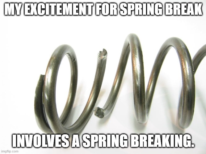 Spring Break | MY EXCITEMENT FOR SPRING BREAK; INVOLVES A SPRING BREAKING. | image tagged in spring break,spring,break,excited,create,meme | made w/ Imgflip meme maker