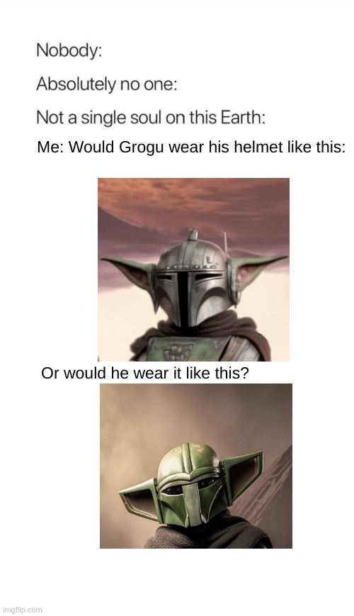 Ears out or in? | Me: Would Grogu wear his helmet like this:; Or would he wear it like this? | image tagged in nobody absolutely no one,grogu,the mandalorian,baby yoda | made w/ Imgflip meme maker