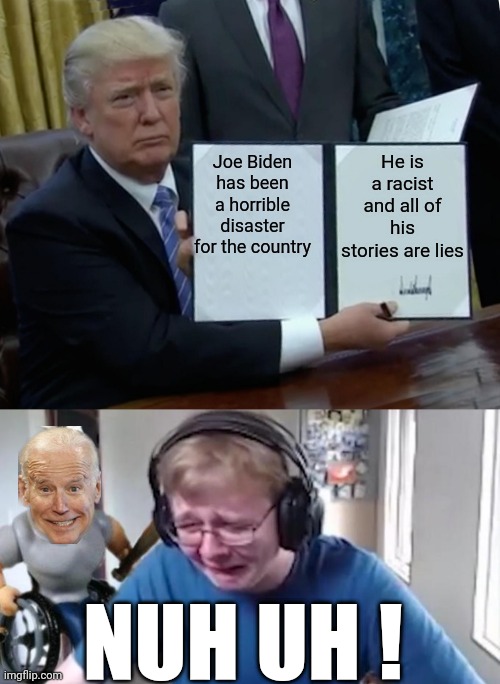 TRIGGER WARNING: This meme depicts a scene in which Trump gets "owned" by the opposition! | He is a racist and all of his stories are lies; Joe Biden
has been a horrible disaster for the country; NUH UH ! | image tagged in memes,donald trump,joe biden,leftists,triggered liberal,democrats | made w/ Imgflip meme maker