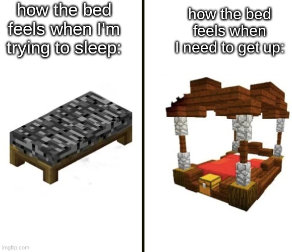 how the bed feels when I'm trying to sleep:; how the bed feels when I need to get up: | image tagged in memes,funny,minecraft,bed,sleep | made w/ Imgflip meme maker