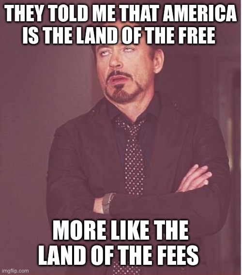 Face You Make Robert Downey Jr | THEY TOLD ME THAT AMERICA IS THE LAND OF THE FREE; MORE LIKE THE LAND OF THE FEES | image tagged in memes,face you make robert downey jr | made w/ Imgflip meme maker