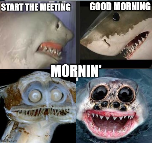 GOOD MORNING | GOOD MORNING; START THE MEETING; MORNIN' | image tagged in morning,april fools | made w/ Imgflip meme maker