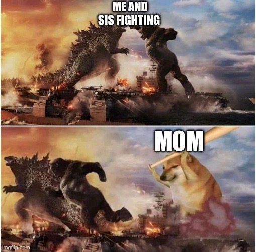 Kong Godzilla Doge | ME AND SIS FIGHTING; MOM | image tagged in kong godzilla doge | made w/ Imgflip meme maker